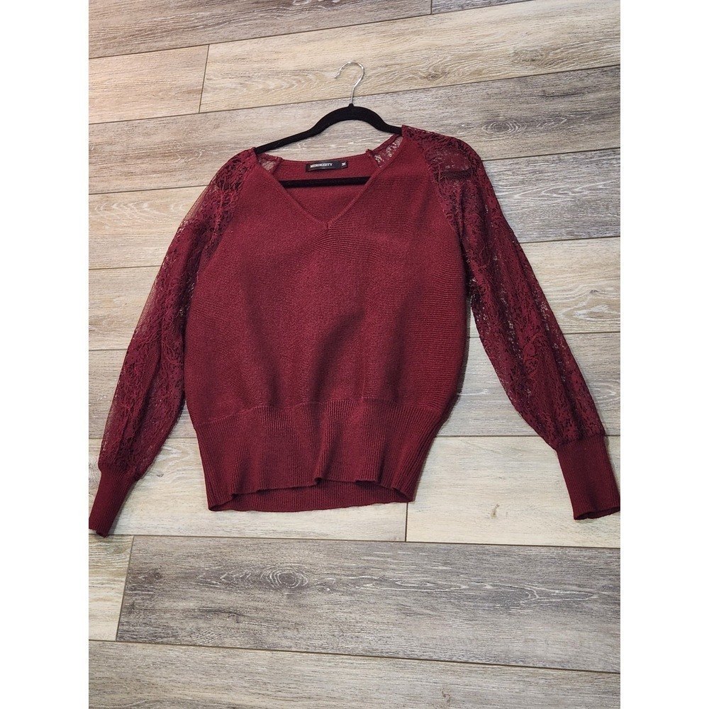 Merokeety Burgundy V-Neck Sweater Floral Lace Long Sleeve Pullover Medium